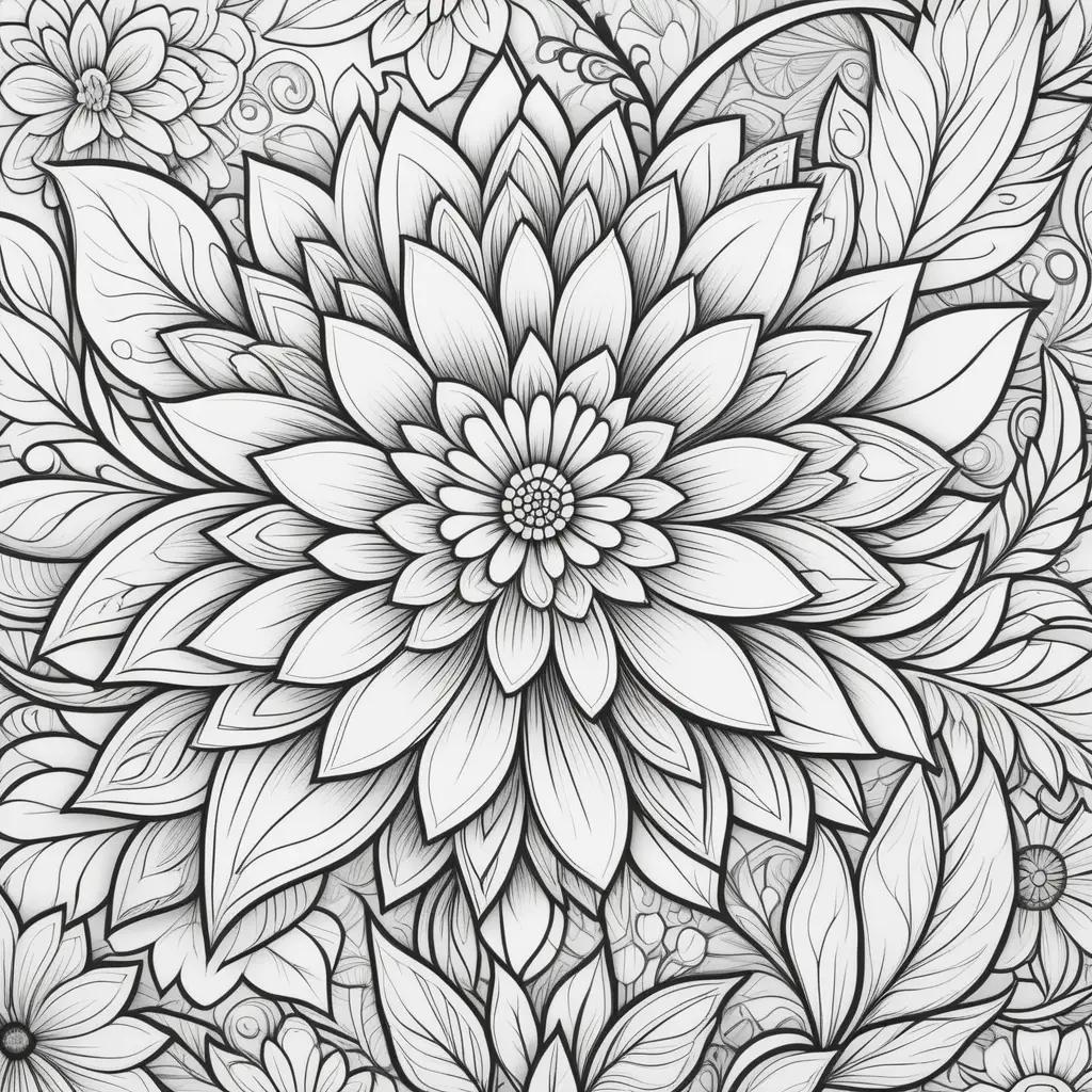 Black and white coloring page with flower and leaves