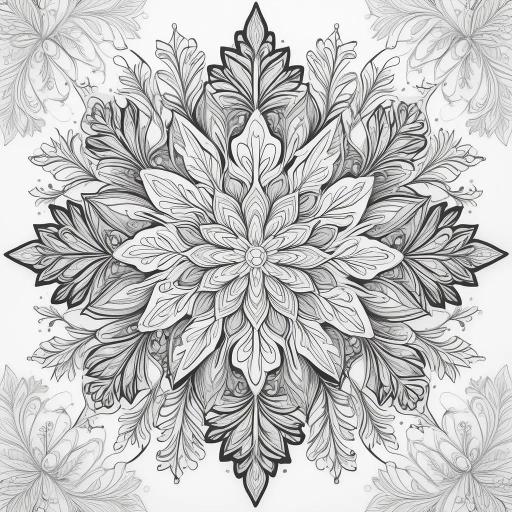 Black and white coloring page with snowflake design