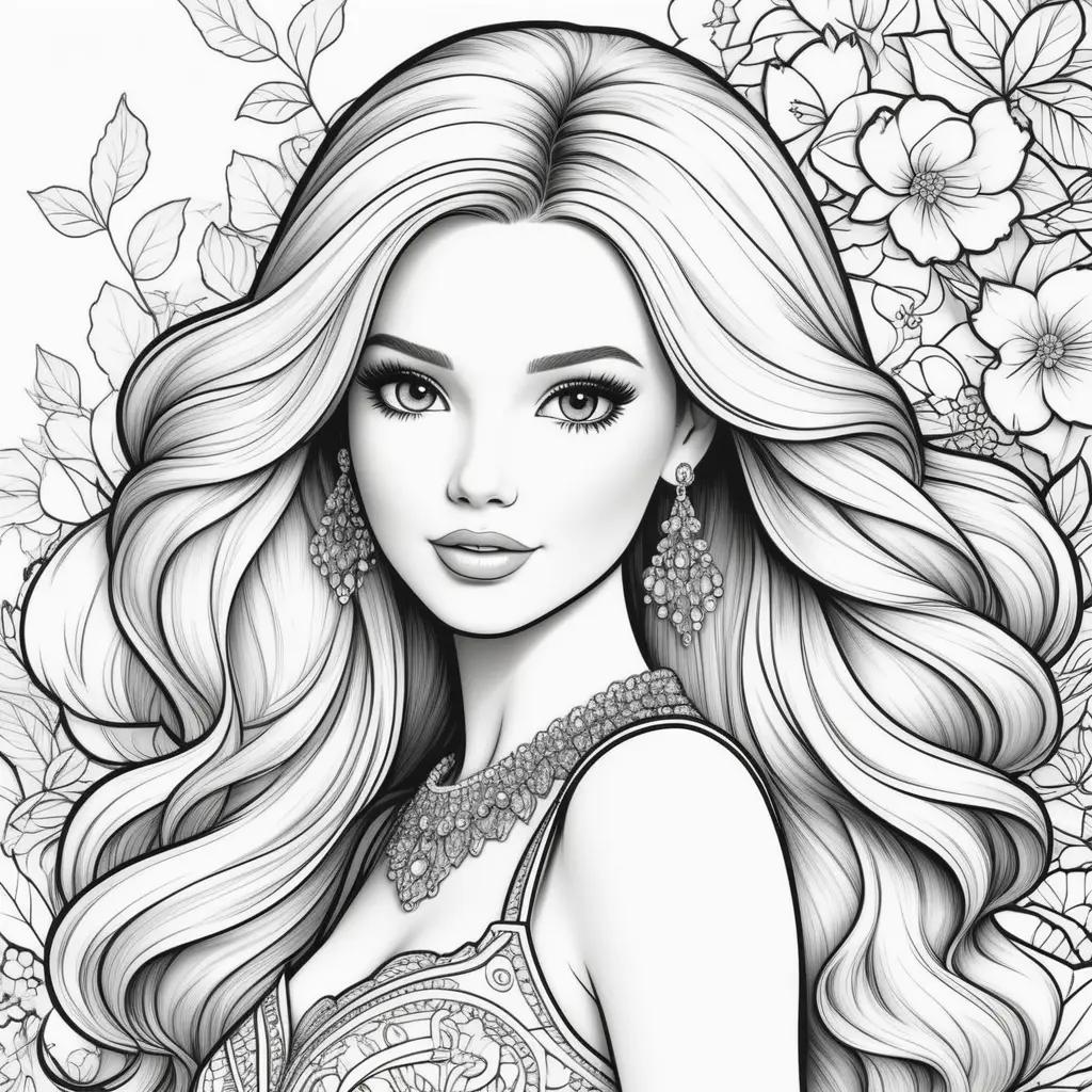 Black and white coloring pages featuring Barbie doll