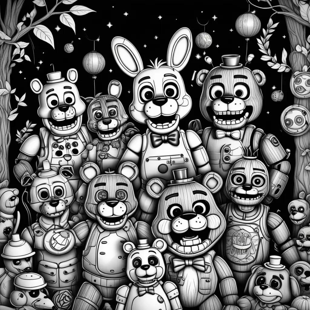 Black and white coloring pages featuring Five Nights at Freddys characters