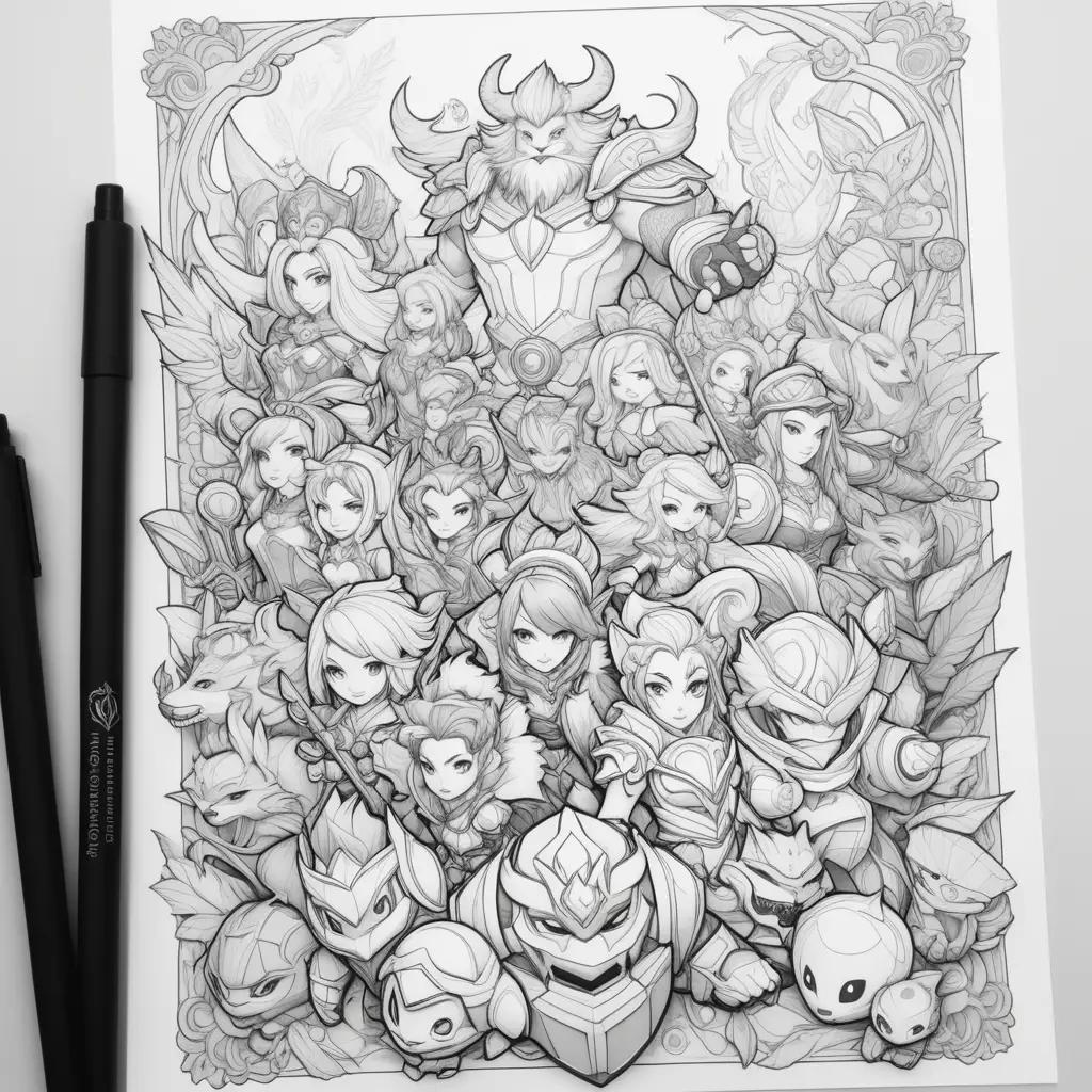 Black and white coloring pages featuring League of Legends characters