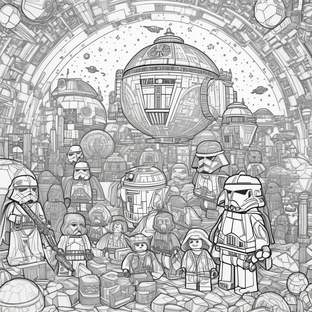 Black and white coloring pages featuring Lego Star Wars characters