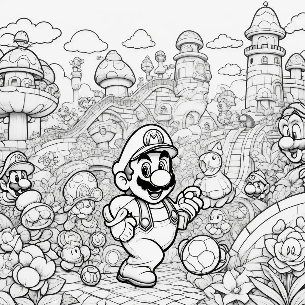 Black and white coloring pages featuring Mario and his friends