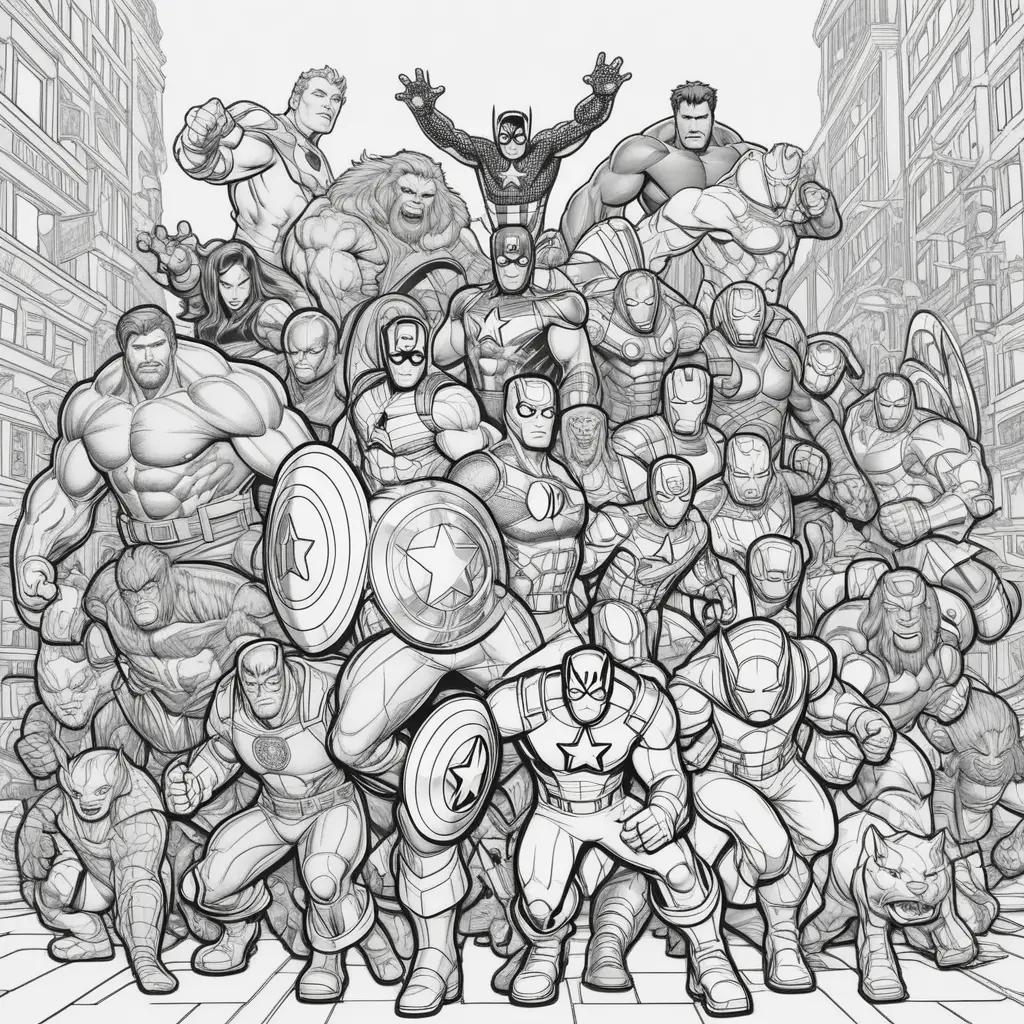 Black and white coloring pages featuring Marvel characters