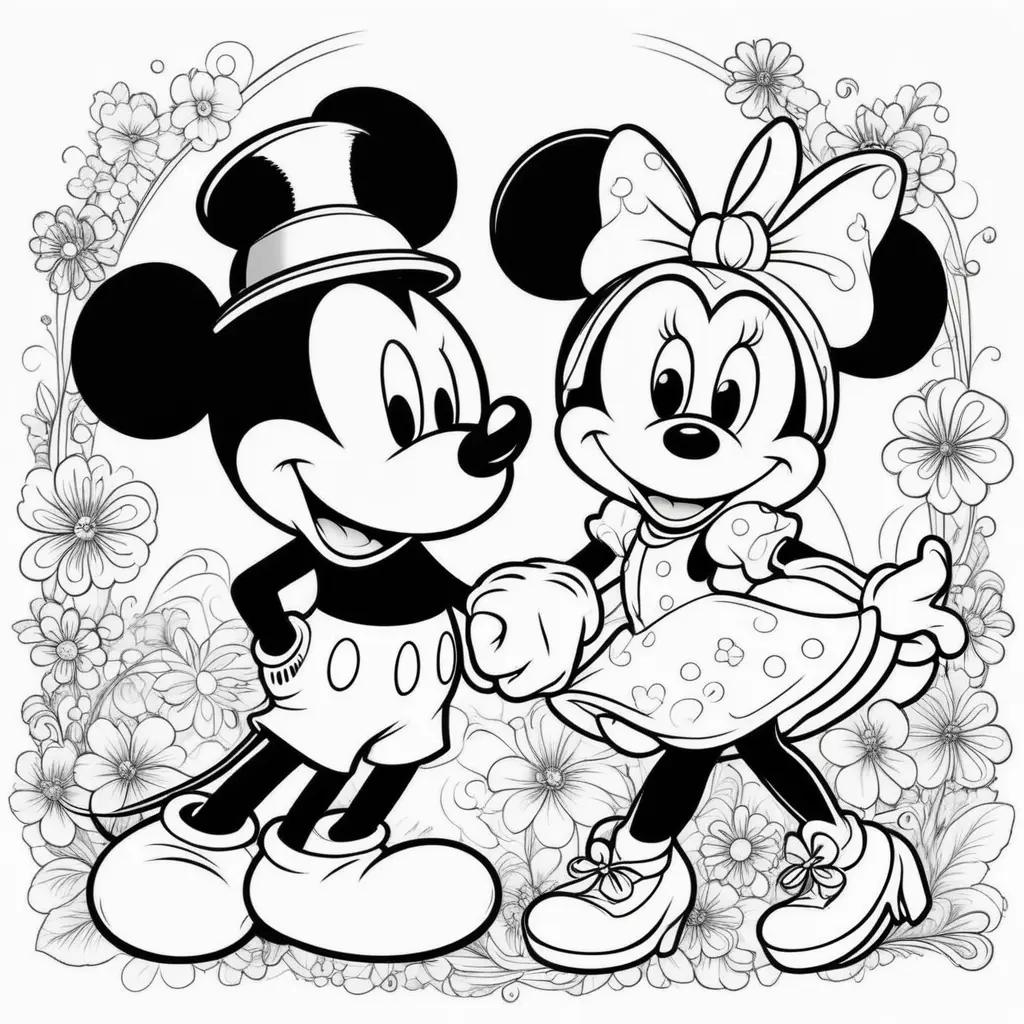 Black and white coloring pages featuring Mickey and Minnie Mouse