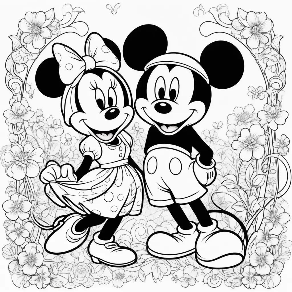 Black and white coloring pages featuring Mickey and Minnie Mouse