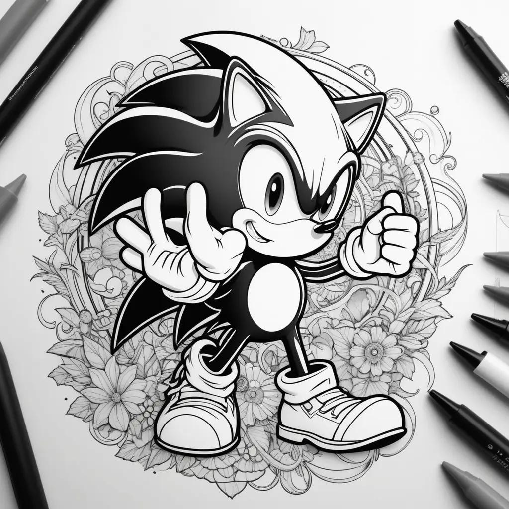 Black and white coloring pages featuring Sonic the Hedgehog