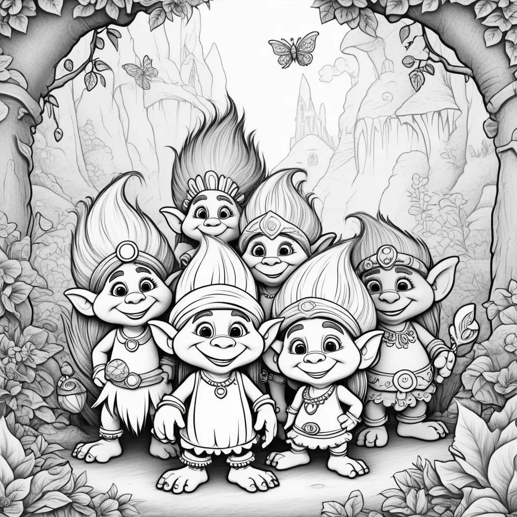 Black and white coloring pages featuring Trolls movie characters