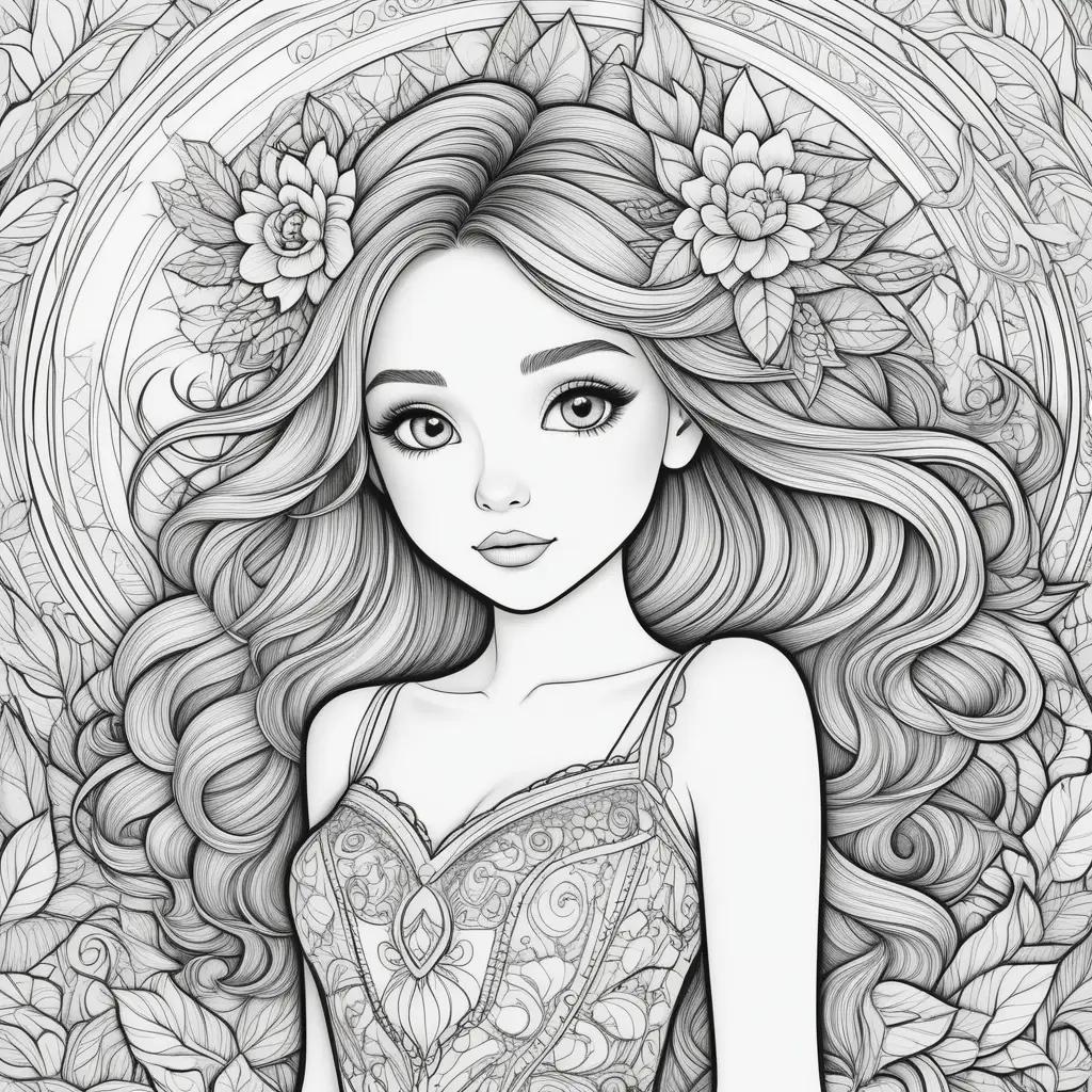 Black and white coloring pages featuring a beautiful young girl