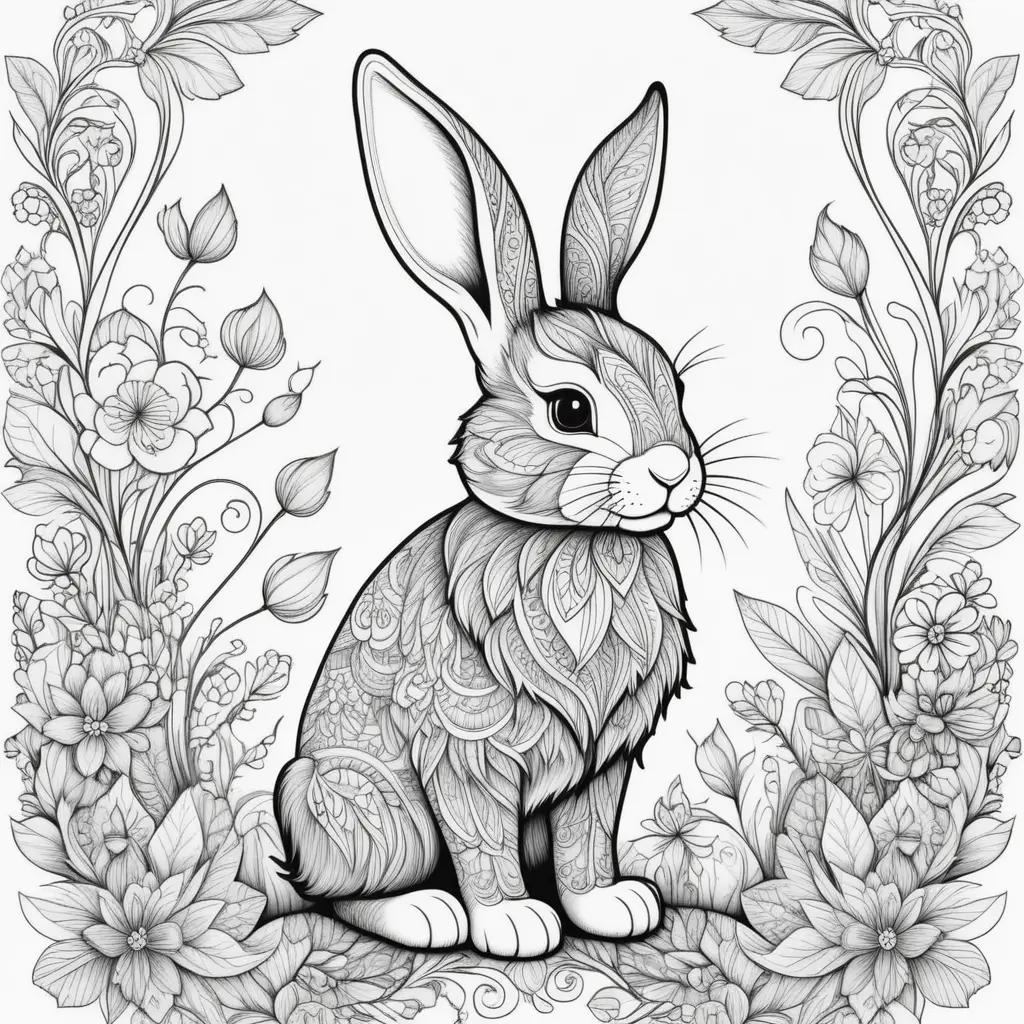 ウサギと花が描かれた白黒のぬりえ