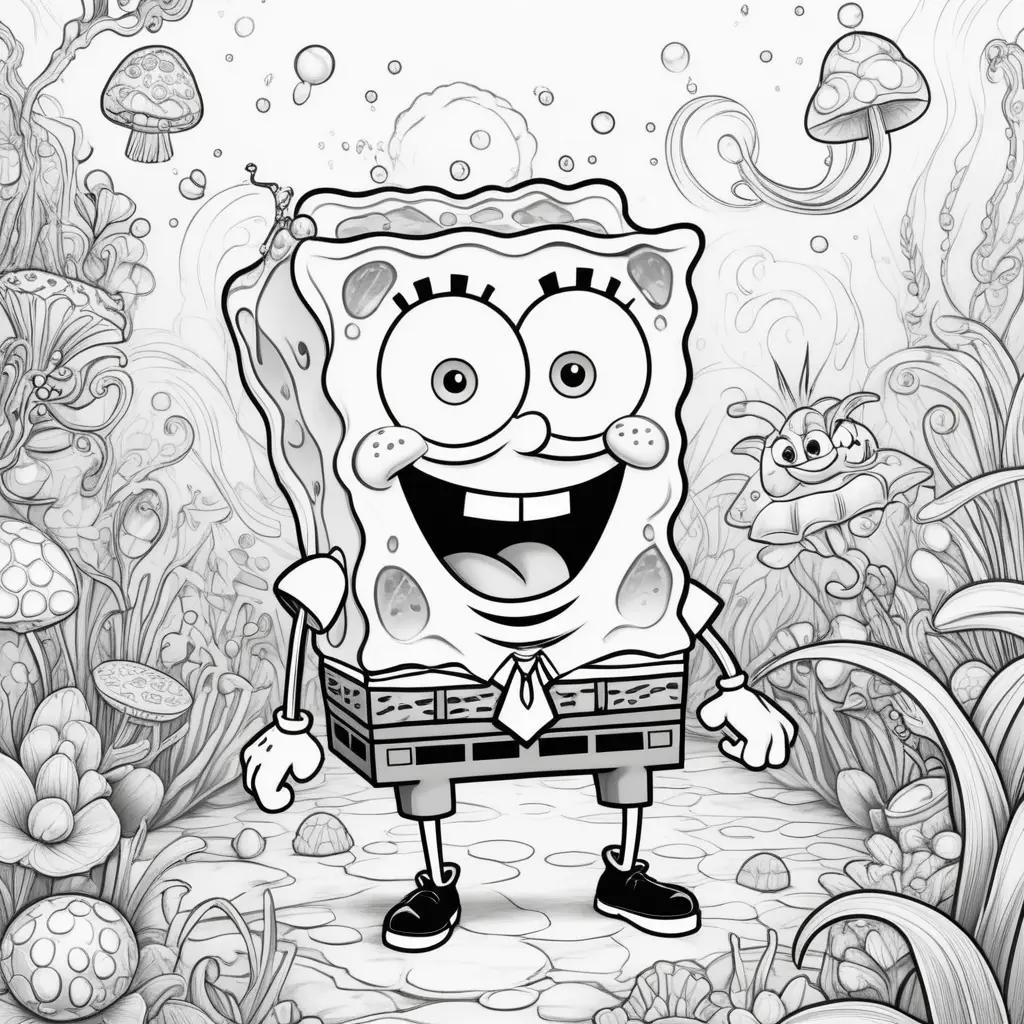 Black and white coloring pages featuring a cartoon spongebob