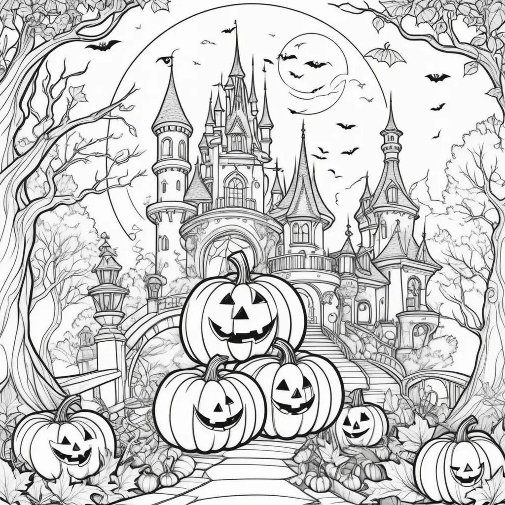 Black and white coloring pages featuring a castle and pumpkins