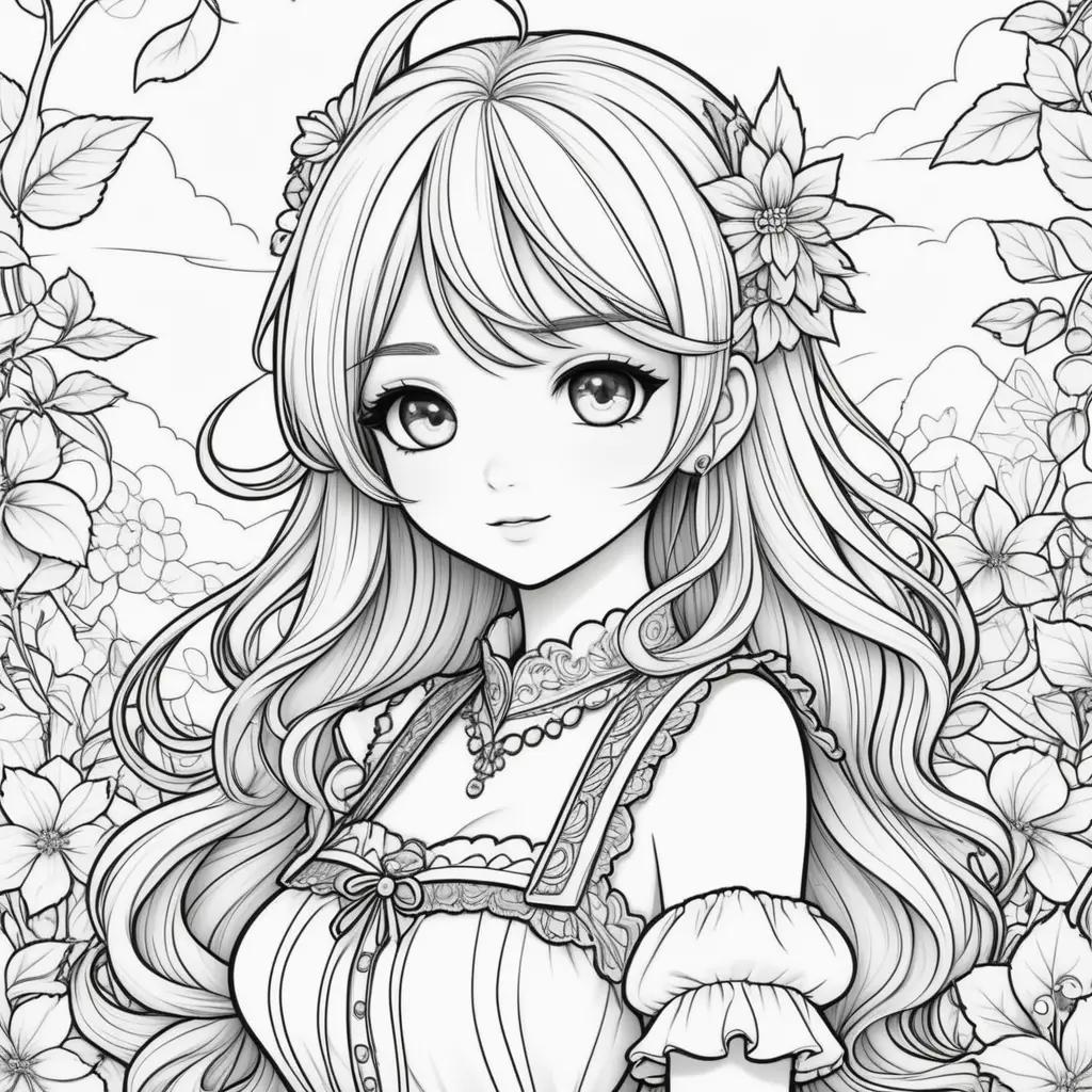 Black and white coloring pages featuring a cute anime girl with flowers and leaves in the background