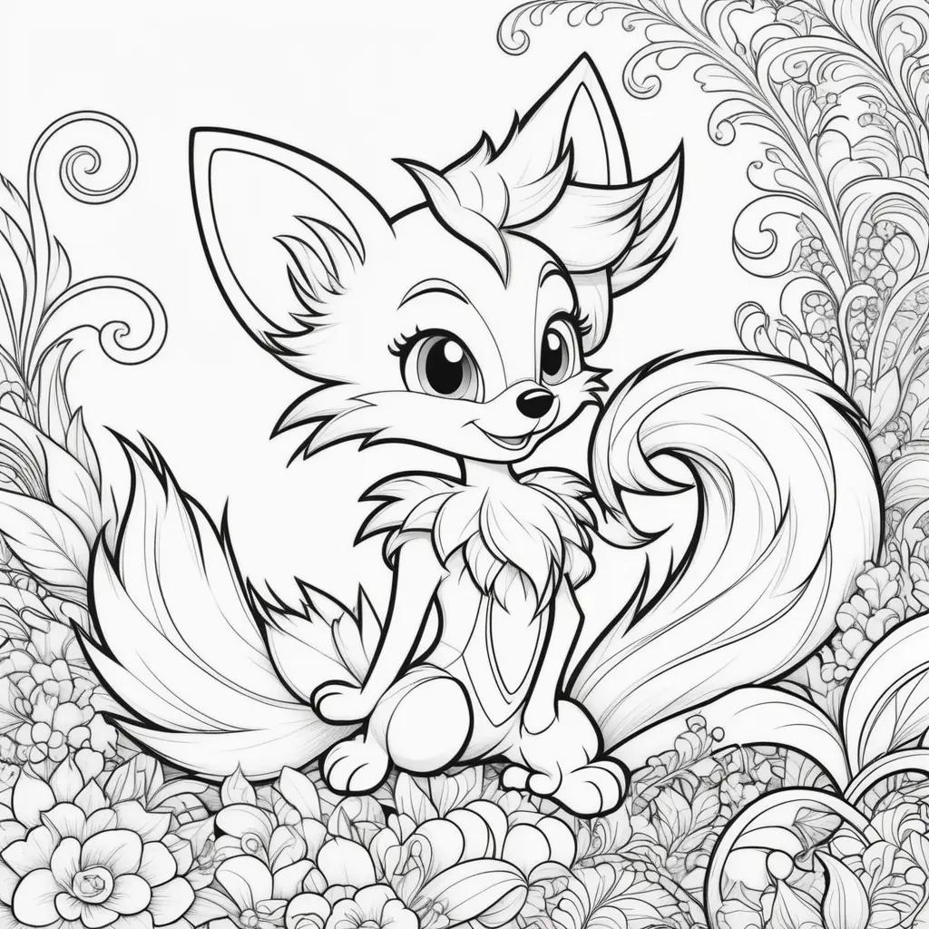 Black and white coloring pages featuring a cute fox with long tails