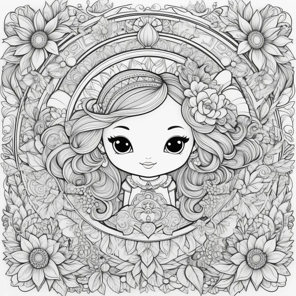 Black and white coloring pages featuring a cute girl with a smile and a flower