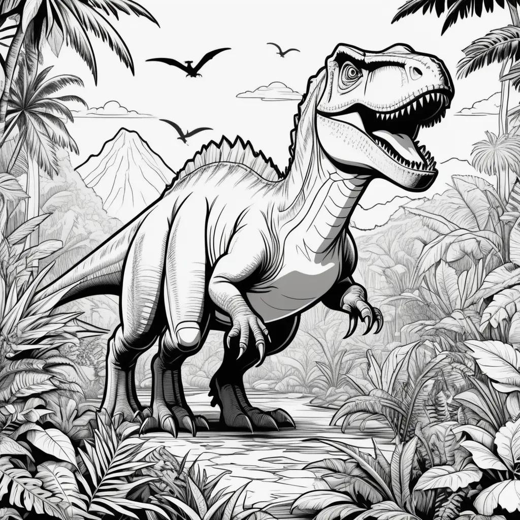 Black and white coloring pages featuring a dinosaur in a jungle