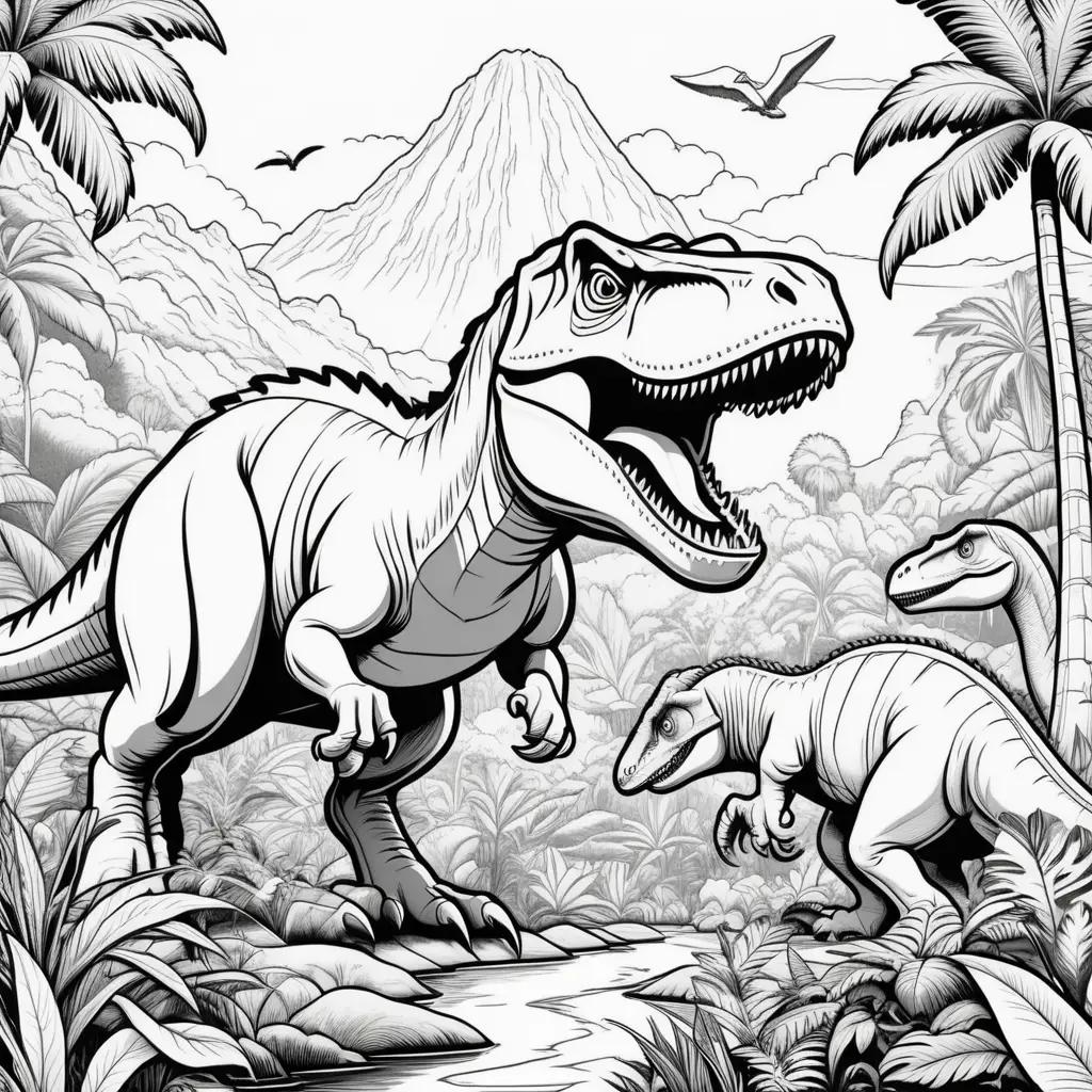 Black and white coloring pages featuring a dinosaur scene