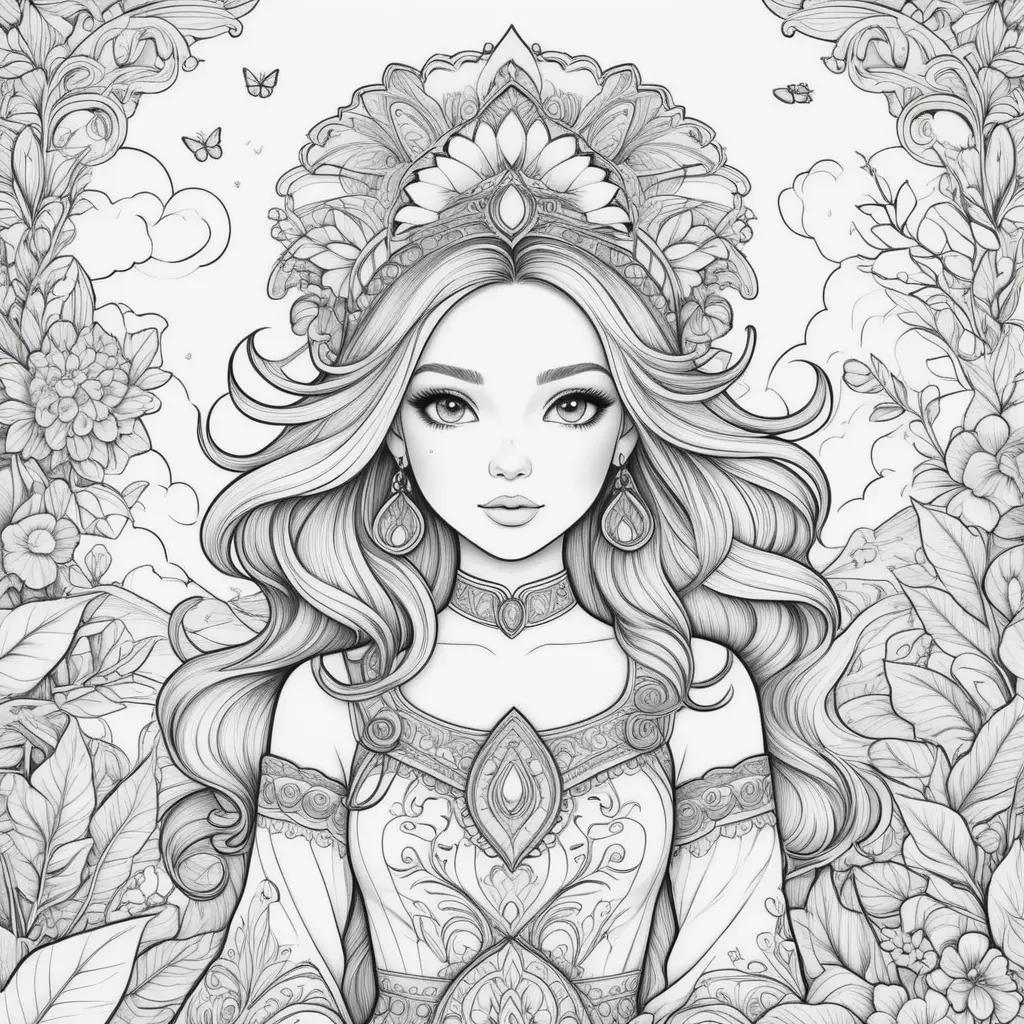 Black and white coloring pages featuring a girl in a crown and a butterfly