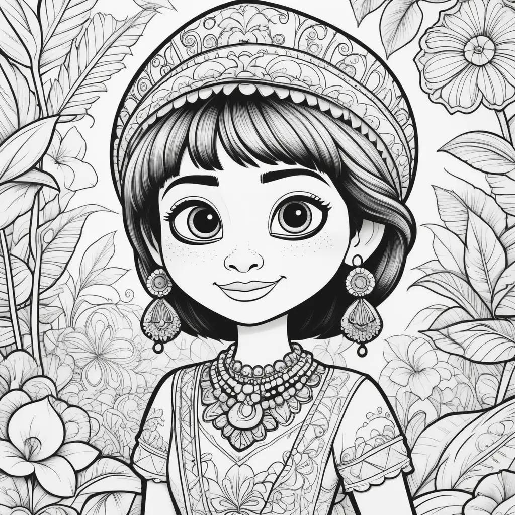 Black and white coloring pages featuring a girl in a flower dress