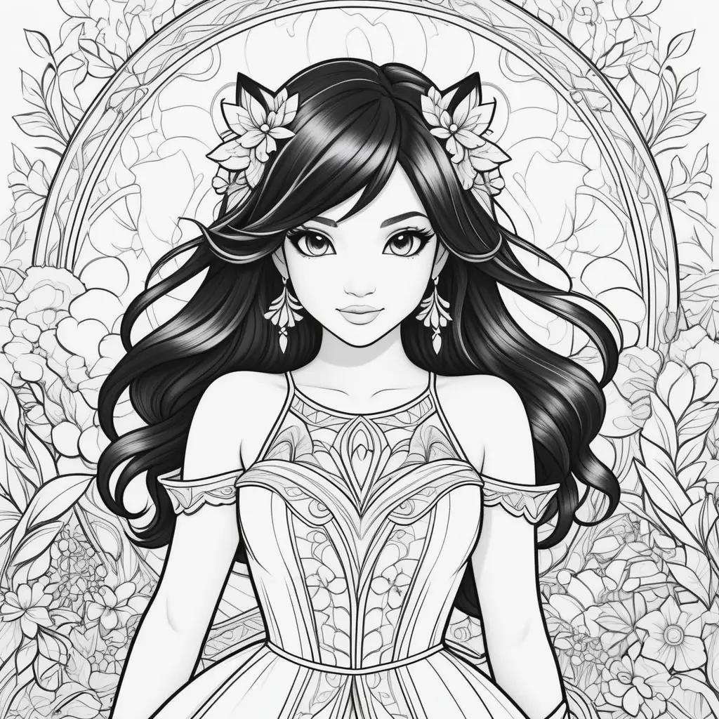 Black and white coloring pages featuring a princess with a flower crown