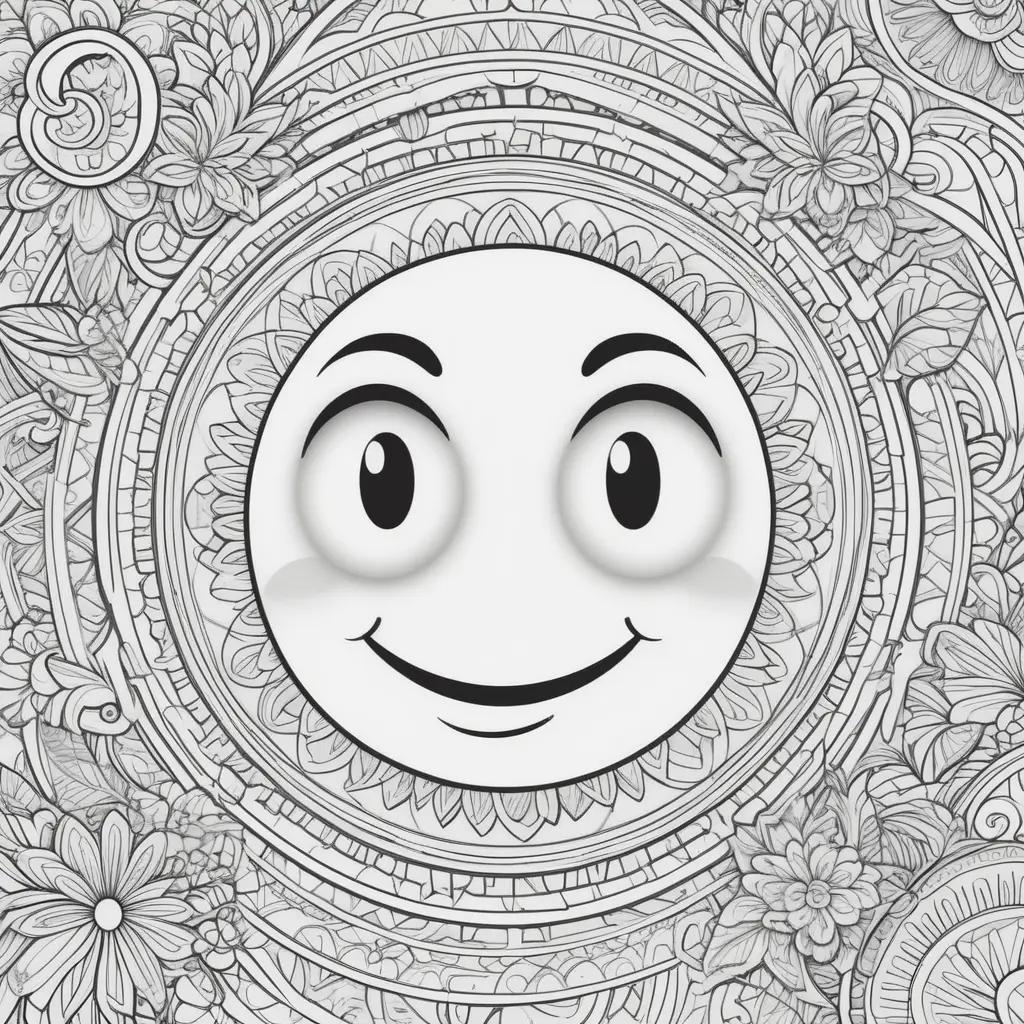 Black and white coloring pages featuring a smiley face emoji