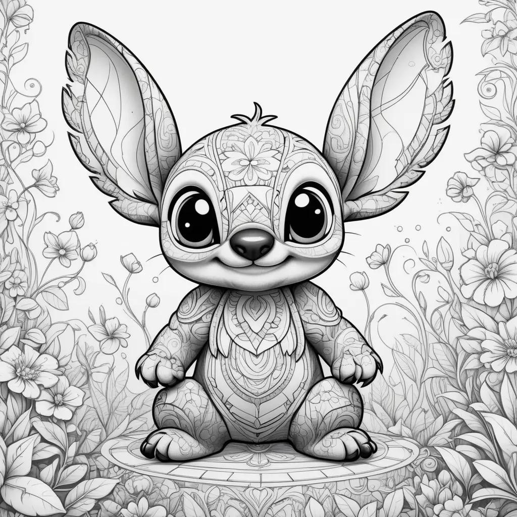 Black and white coloring pages featuring a stitch character