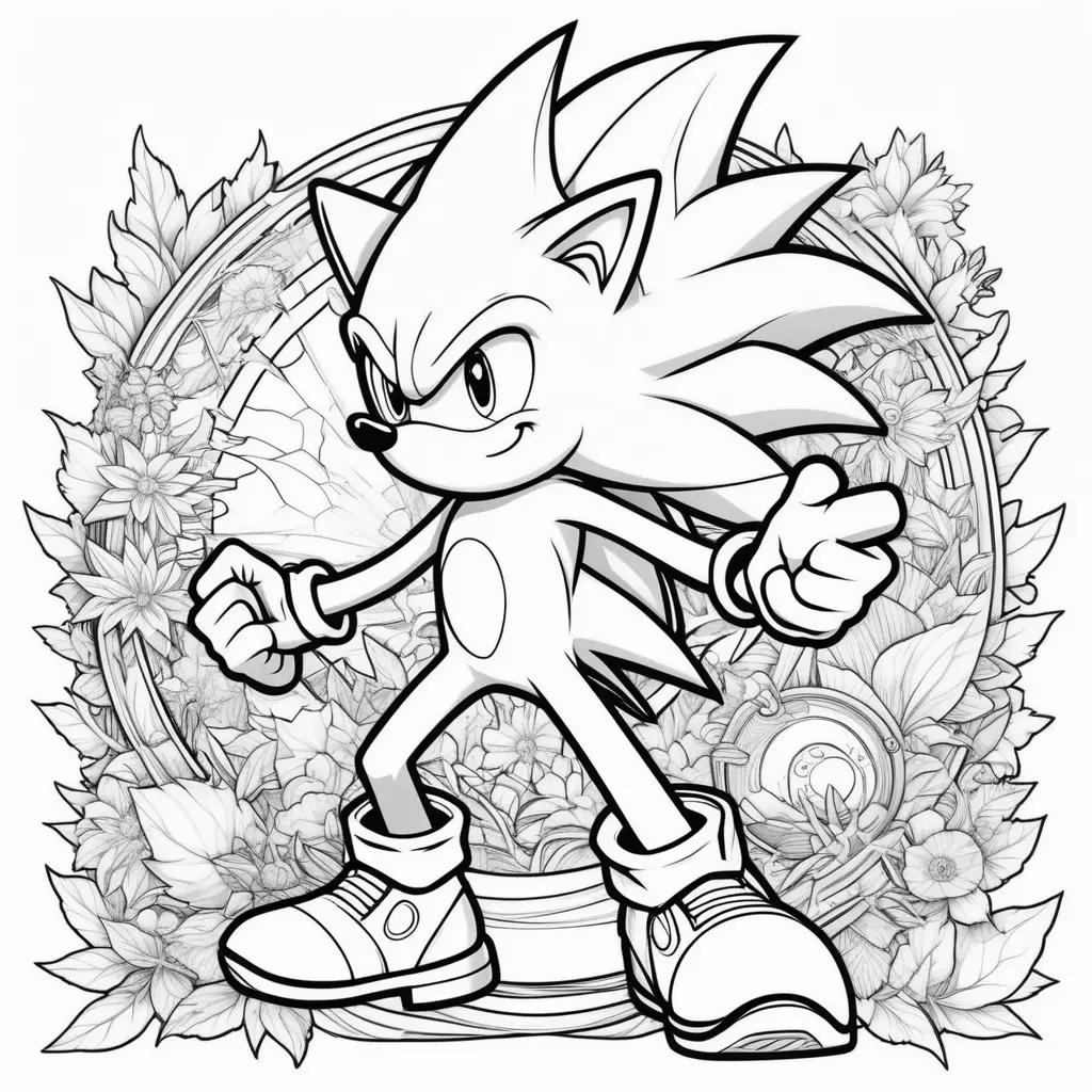 Black and white coloring pages featuring a super Sonic the Hedgehog