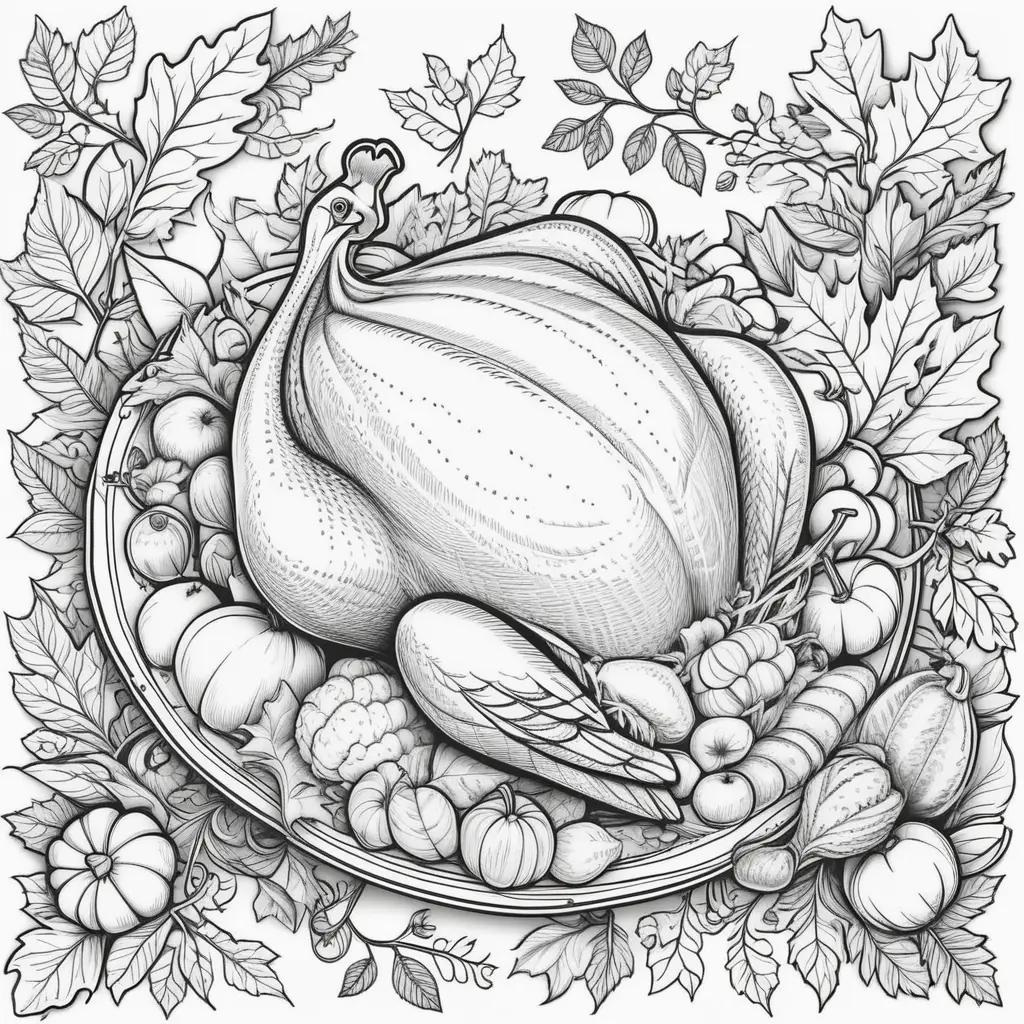 Black and white coloring pages featuring a turkey and a pumpkin