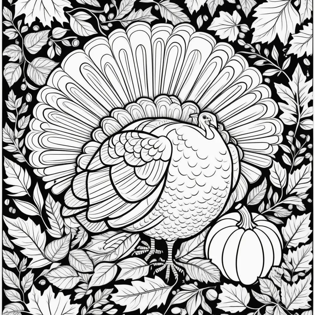 Black and white coloring pages featuring a turkey and pumpkins