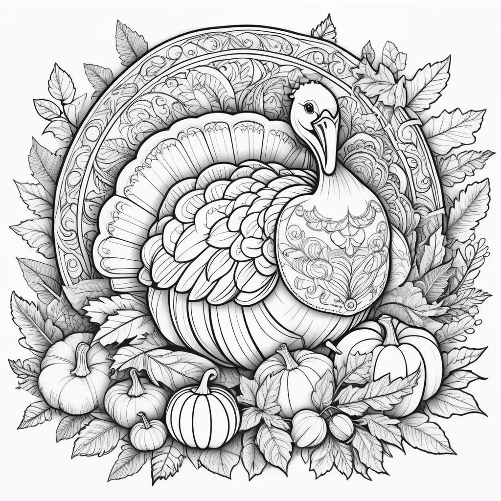 Black and white coloring pages featuring a turkey and pumpkins