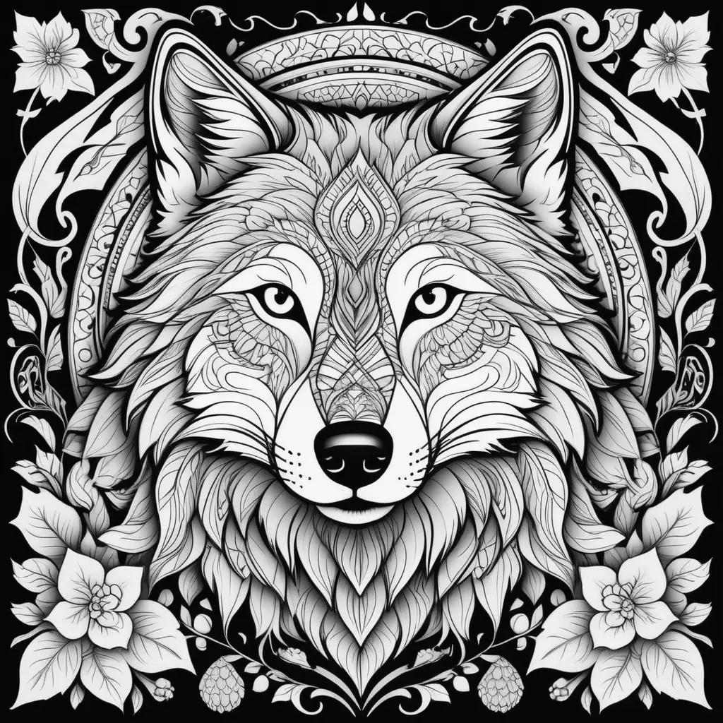 Black and white coloring pages featuring a wolf head and flowers