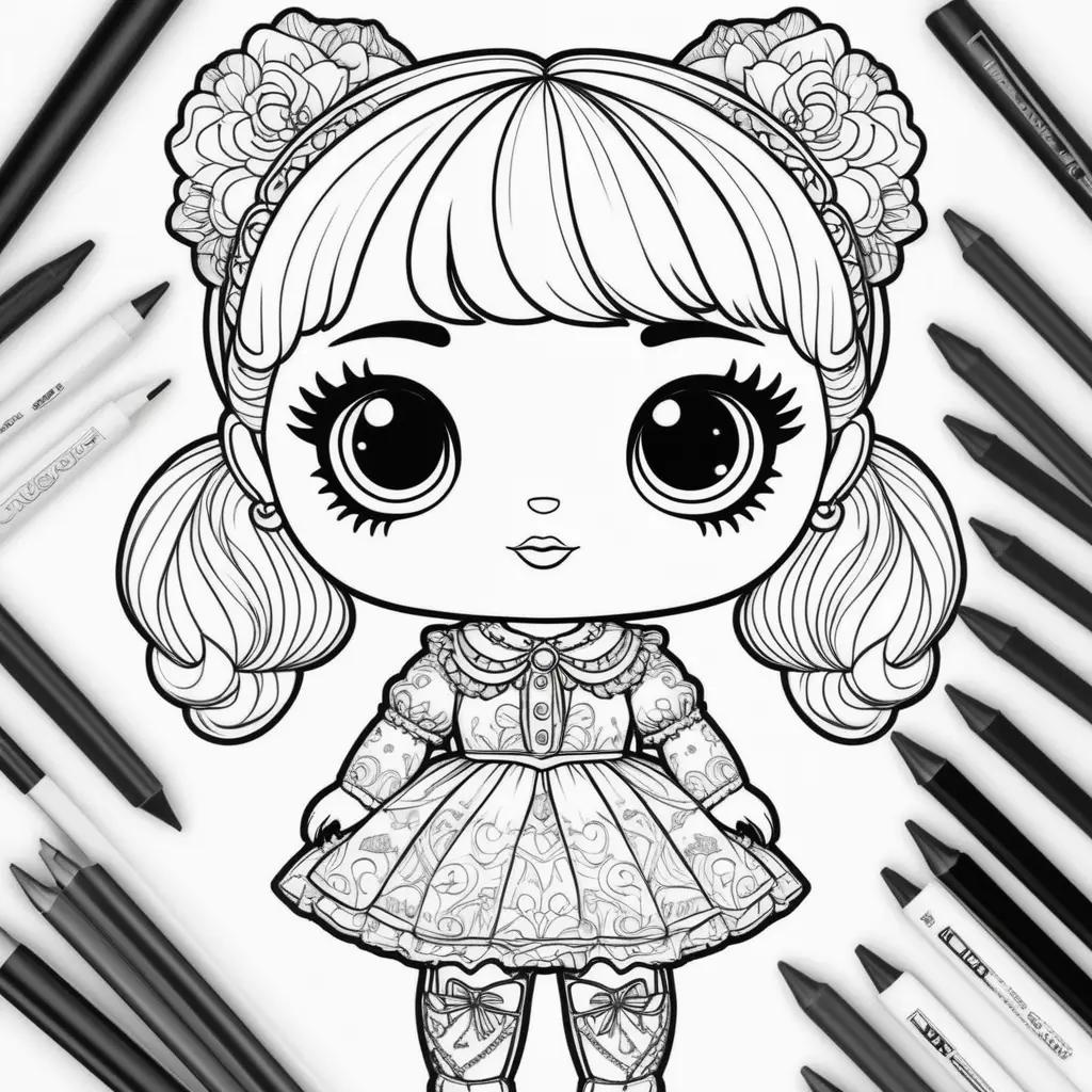 Black and white coloring pages featuring an lol doll