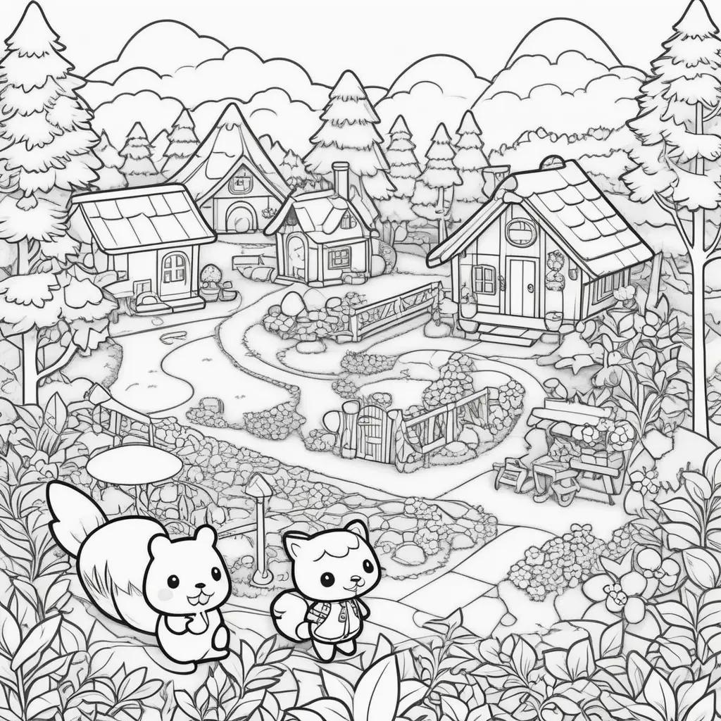 Black and white coloring pages featuring animals in a town