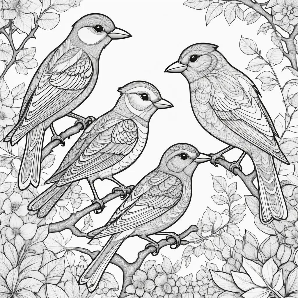 Black and white coloring pages featuring birds on branches