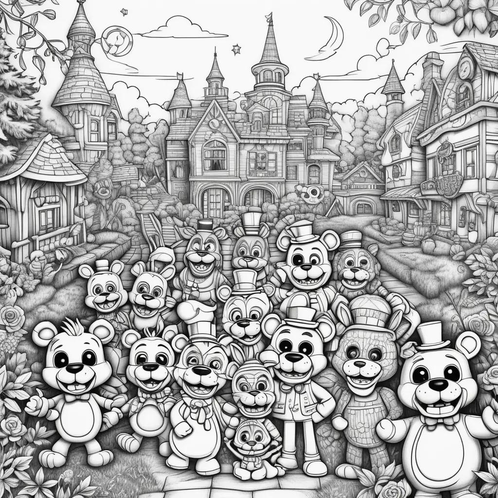 Black and white coloring pages featuring characters from 5 nights at Freddys