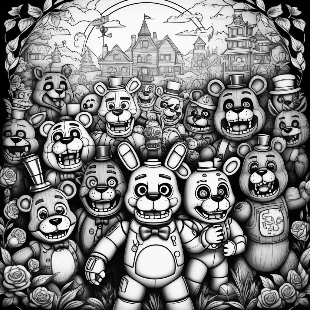 Black and white coloring pages featuring five nights at Freddys characters