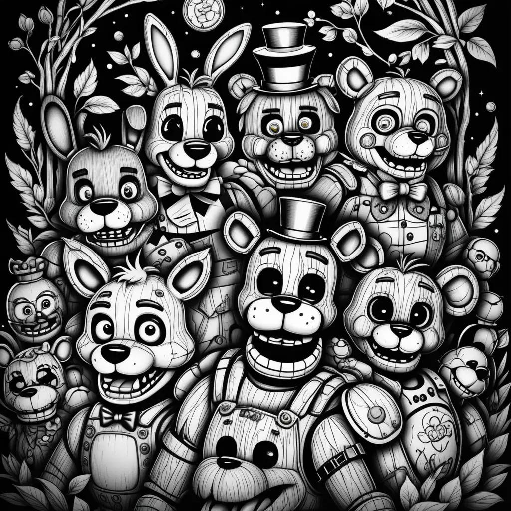 Black and white coloring pages featuring five nights at freddys characters