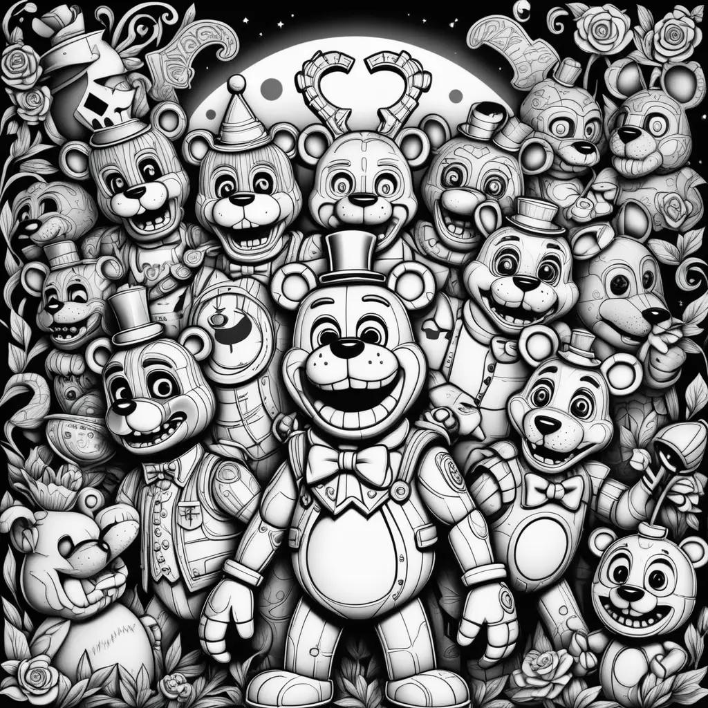 Black and white coloring pages featuring five nights at freddys characters