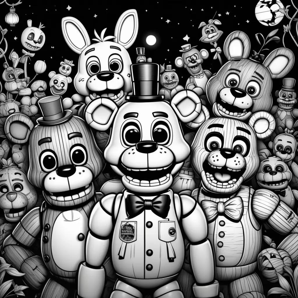 Black and white coloring pages featuring five nights of freddys characters