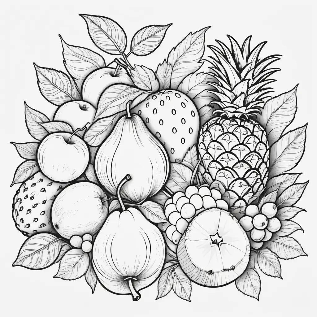 Black and white coloring pages featuring fruit, such as a pear, pineapple, and apple