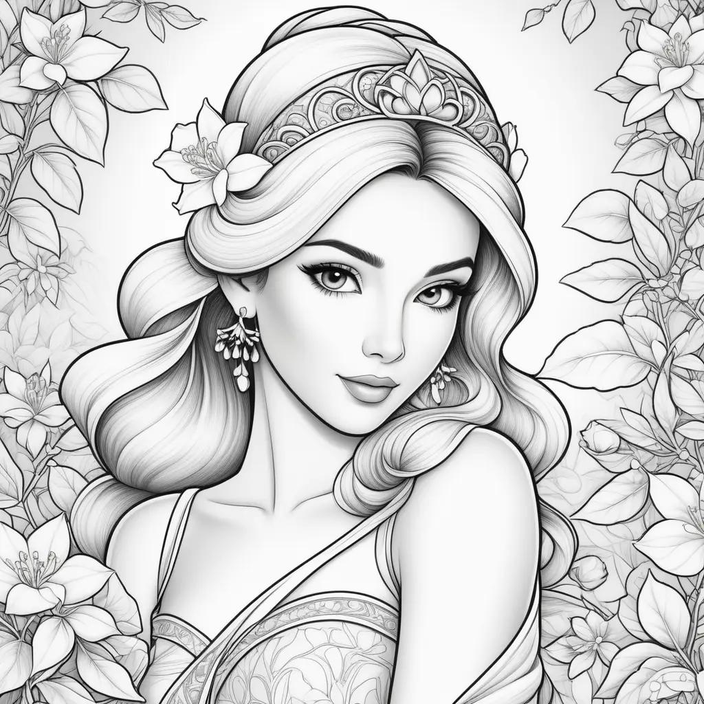 Black and white coloring pages featuring jasmine flowers and a princess