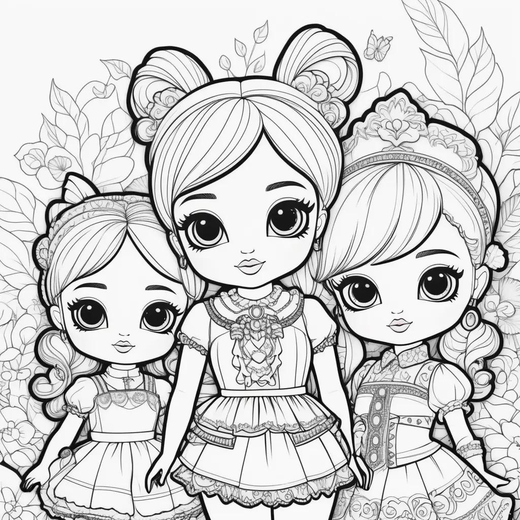 Black and white coloring pages featuring lollipop dolls