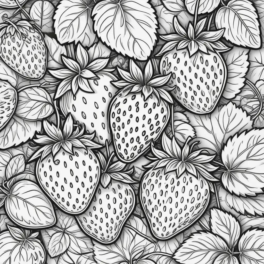 Black and white coloring pages featuring strawberries and leaves