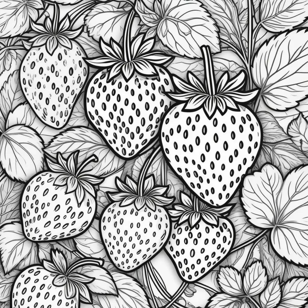 Black and white coloring pages featuring strawberries and leaves