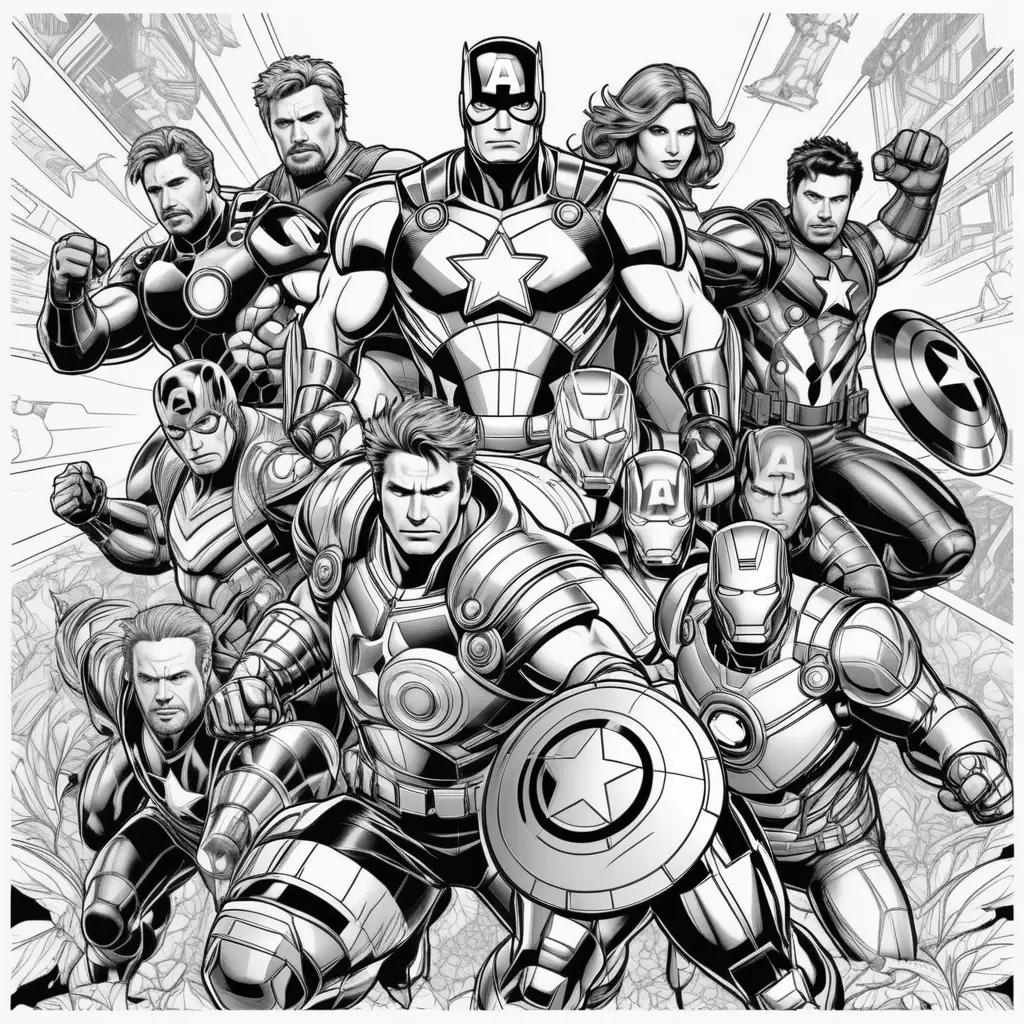 Black and white coloring pages featuring the Avengers