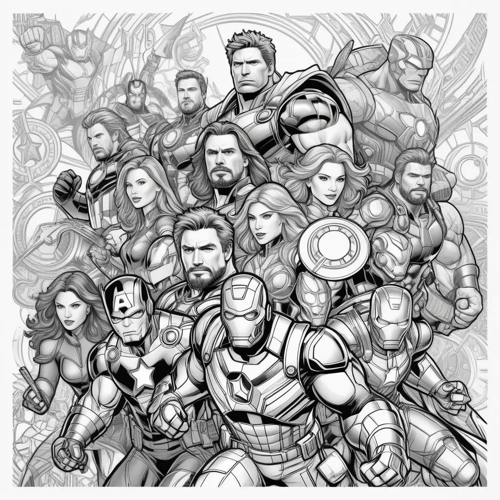 Black and white coloring pages featuring the Avengers