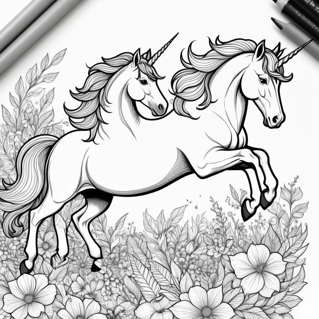 Black and white coloring pages featuring unicorns