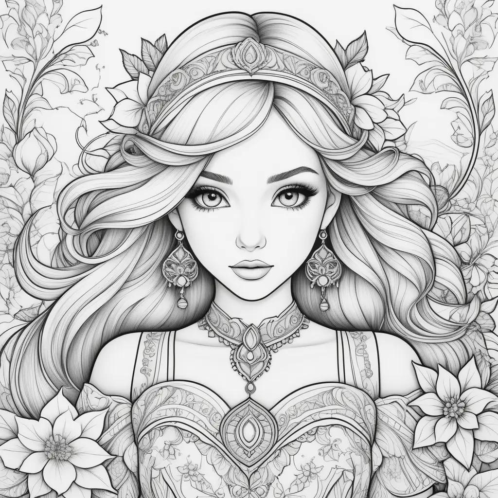 Black and white coloring pages for girls featuring a beautiful woman