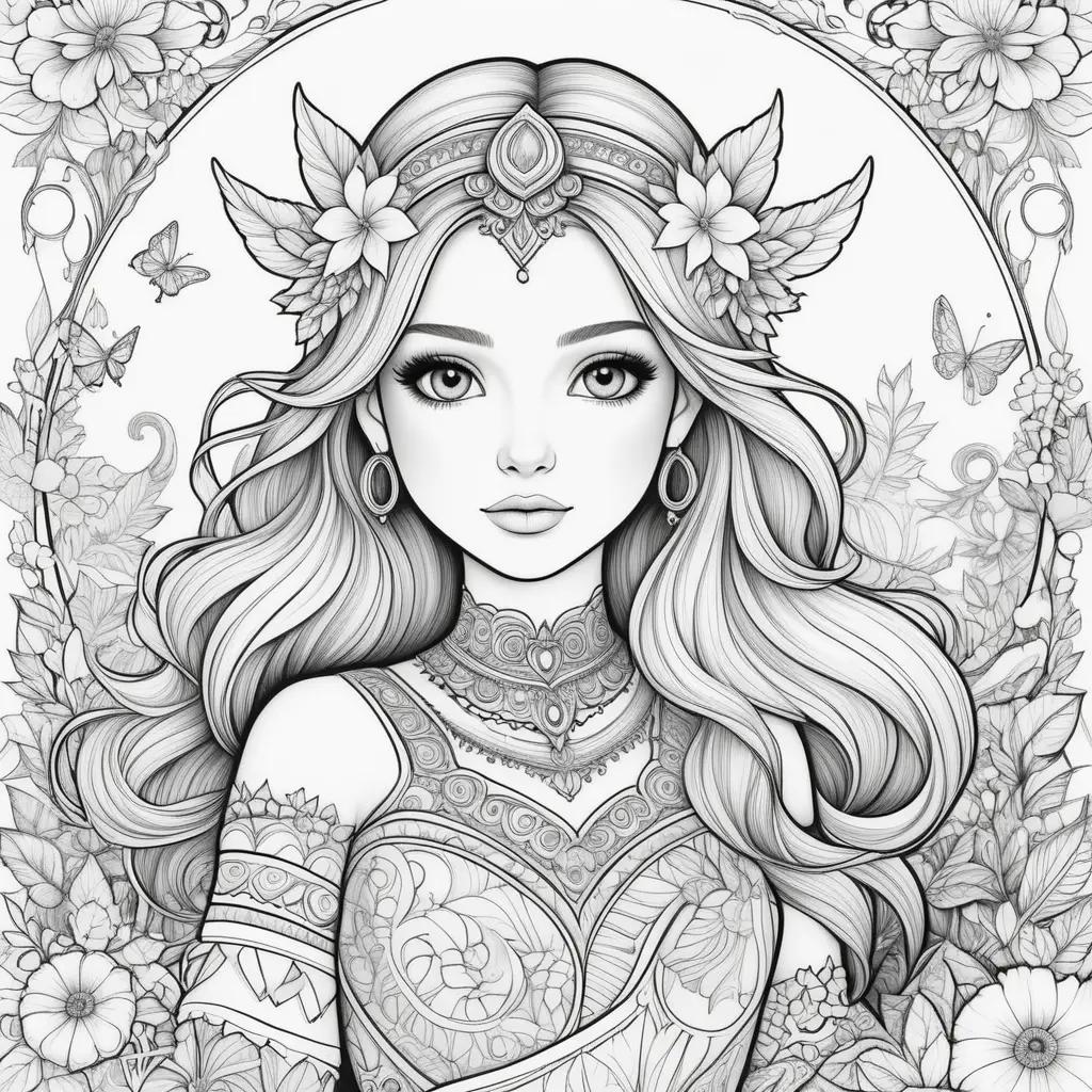 Black and white coloring pages for girls featuring a princess