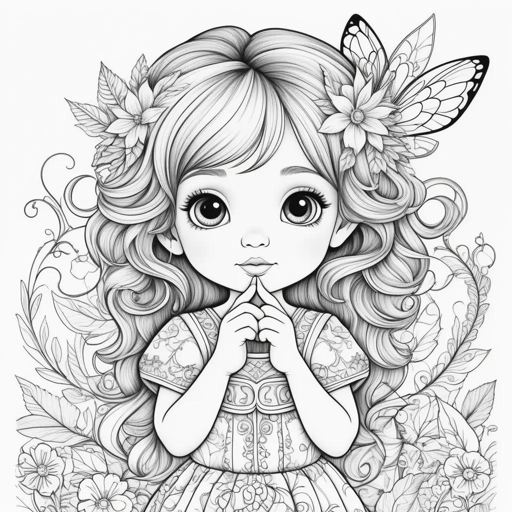 Black and white coloring pages for kids featuring a cute toddler girl with flowers around her